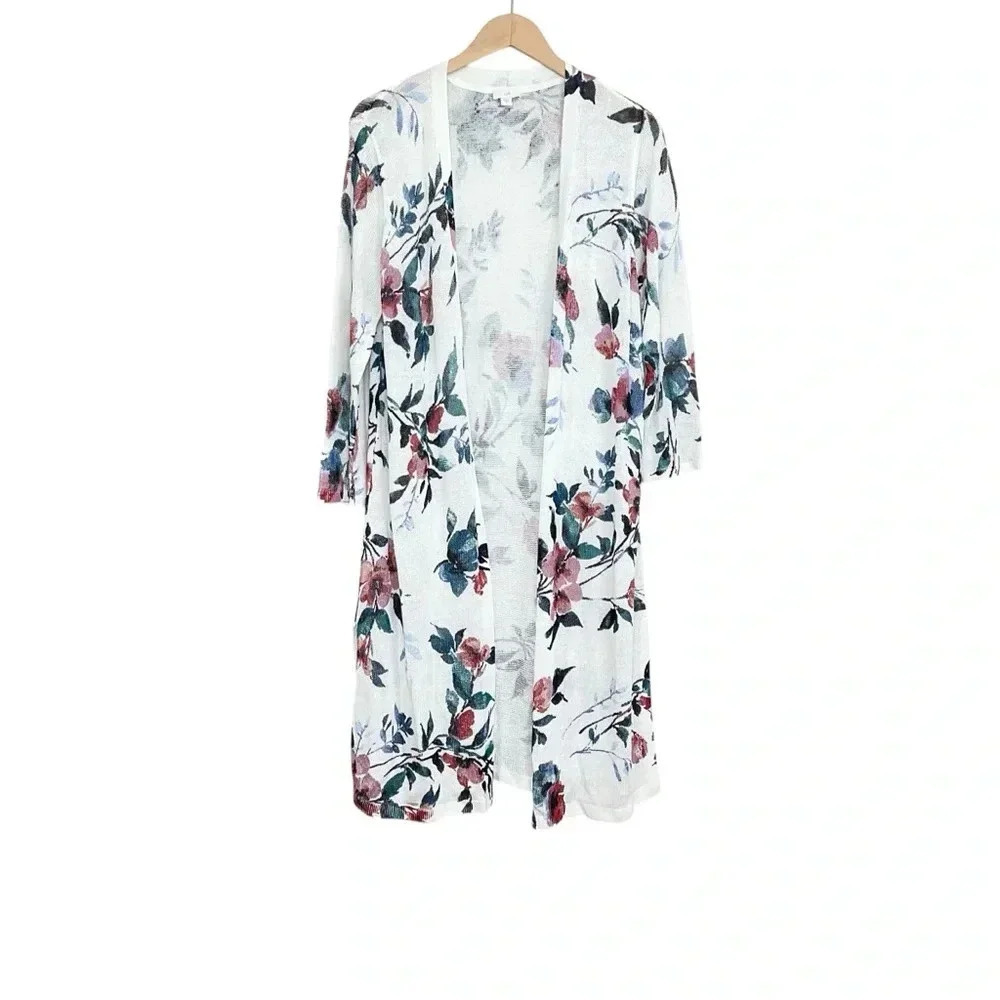 J. Jill White Floral Linen Cardigan Size Medium